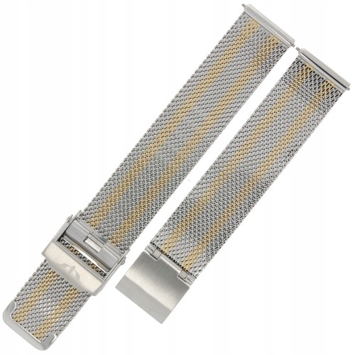 BISSET BM-101 - 12mm - Srebrno-Żółto Złoty - Bransoletka do zegarka - Siatka połysk