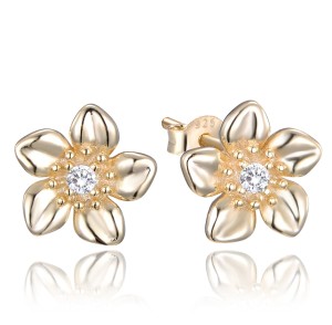 MINET- Ag925 - Pozłacane srebrne kolczyki KWIATEK z białą cyrkonią
