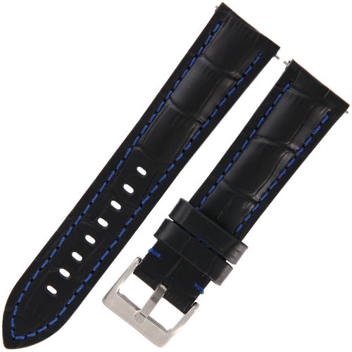 DILOY 395 - CZARNY/niebieskie - 22mm - Skórzany pasek do zegarka o strukturze krokodyla