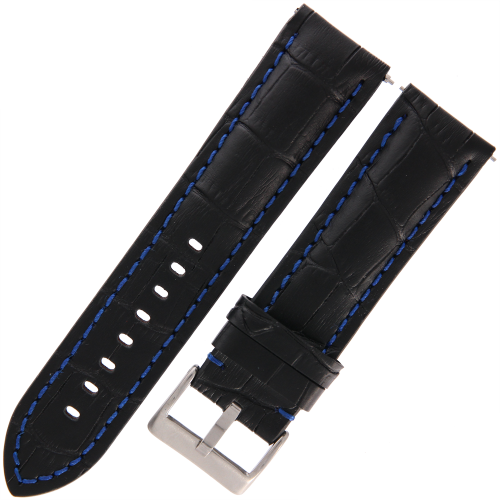 DILOY 395 - CZARNY/niebieskie - 24mm - Skórzany pasek do zegarka o strukturze krokodyla