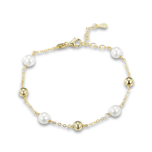 MINET - Ag925 - PERŁA - Pozłacana srebrna bransoletka z kulkami i naturalnymi perłami