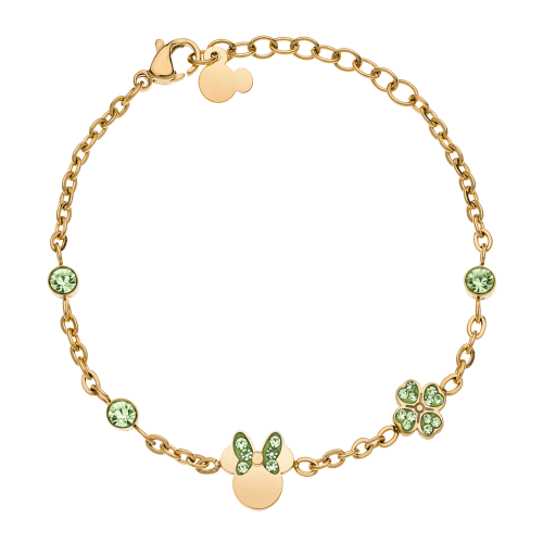 DISNEY - Minnie Mouse - Pozłacana stalowa bransoletka z zielonymi cyrkoniami