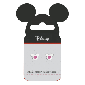 DISNEY - Minnie Mouse - Stalowe kolczyki z różową emalią w sercu