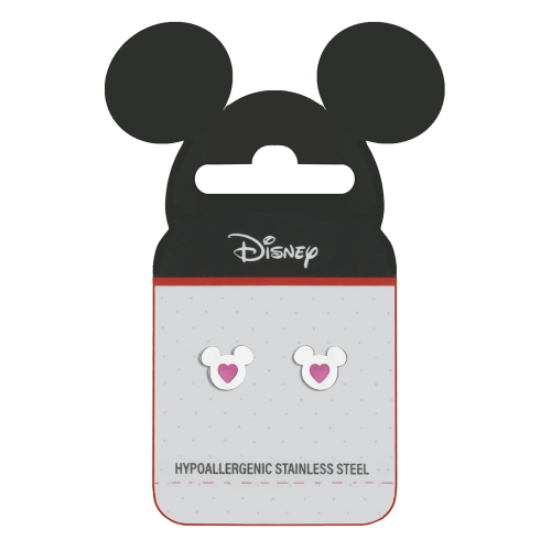 DISNEY - Minnie Mouse - Stalowe kolczyki z różową emalią w sercu