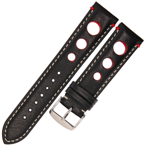 TEKLA BO12 - 22mm - CZARNY / p.Białe - Skórzany pasek do zegarka